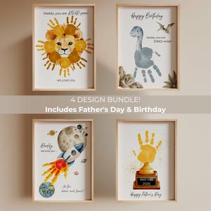 May include: Four framed art prints with a Father's Day and birthday theme. Designs include a lion, dinosaur, rocket, and trophy, all incorporating handprints. Text includes "Daddy, you are ROAR-some", "Happy Birthday", and "Best Dad 2026".