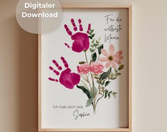 Gepersonaliseerd Moederdagcadeau | Handafdrukposter Beste Mama | DIY-sjabloon Baby- en peuterboeket | Digitale download