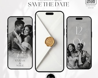 Save the Date Digital Video Invitation, Black & White Canva Template with picture, Animated Envelope Reveal, Mobile Evite, Digital Invite