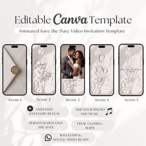 Puede incluir: Una plantilla de Canva editable para una invitaci&oacute;n de video animada de Save the Date. El dise&ntilde;o muestra cinco escenas en pantallas de tel&eacute;fonos inteligentes, incluyendo una revelaci&oacute;n de sobre, foto de pareja, fecha y texto final.