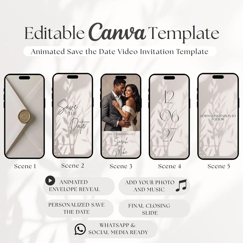 Puede incluir: Una plantilla de Canva editable para una invitaci&oacute;n de video animada de Save the Date. El dise&ntilde;o muestra cinco escenas en pantallas de tel&eacute;fonos inteligentes, incluyendo una revelaci&oacute;n de sobre, foto de pareja, fecha y texto final.