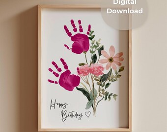 Handafdrukkunstwerkje met bloemenmotief, printbare handafdruk met bloemenmotief, zelfgemaakt verjaardagscadeau van kinderen, peuters en baby's, bloemenherinnering, direct te downloaden