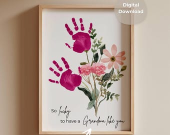Personalized Handprint Art | Custom Grandmother Gift | Flower Handprint Craft | DIY Gift for Granny Meemaw Nana | Printable Digital Download