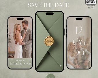 Save the Date Video Sage Green, Digital Save the Date Card with Image WhatsApp Wedding, Animated Envelope Canva Template with Music