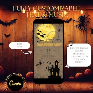 K&ouml;nnte beinhalten: Ein Smartphone-Bildschirm zeigt eine digitale Halloween-Partyeinladung mit einem gelben Mond, schwarzen Flederm&auml;usen, einer Hexe auf einem Besen und einer Silhouette eines Spukhauses. Der Text lautet: You are invited to a Spooctacular HALLOWEEN PARTY.