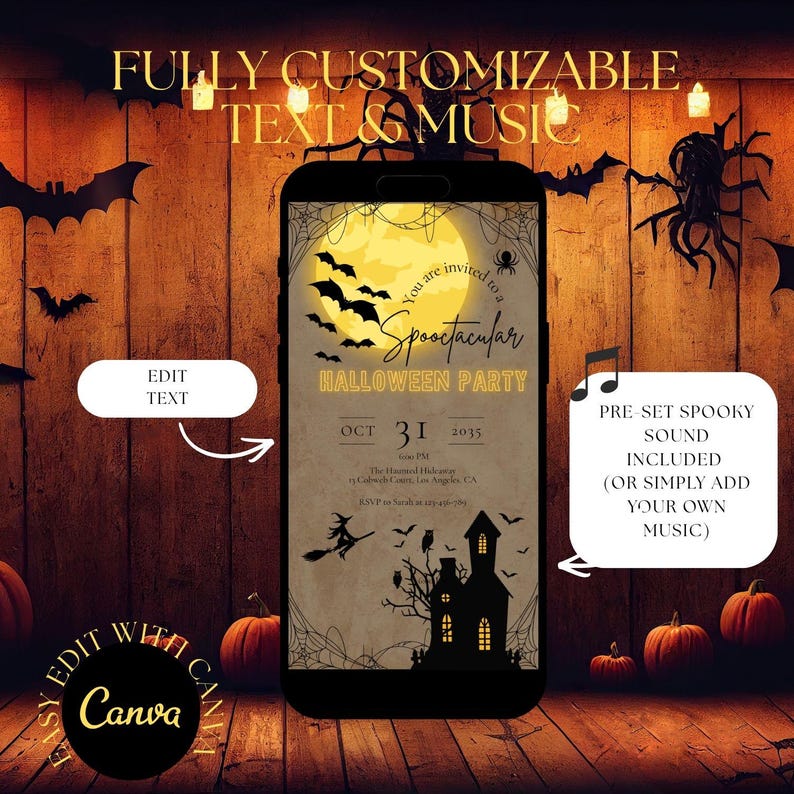 K&ouml;nnte beinhalten: Ein Smartphone-Bildschirm zeigt eine digitale Halloween-Partyeinladung mit einem gelben Mond, schwarzen Flederm&auml;usen, einer Hexe auf einem Besen und einer Silhouette eines Spukhauses. Der Text lautet: You are invited to a Spooctacular HALLOWEEN PARTY.
