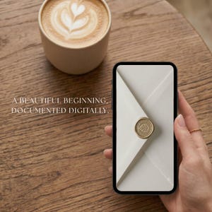 Puede incluir: Un tel&eacute;fono inteligente muestra la imagen de un sobre color crema sellado con un sello de cera dorado con un dise&ntilde;o de hoja. La pantalla muestra el texto A BEAUTIFUL BEGINNING, DOCUMENTED DIGITALLY. El tel&eacute;fono se sostiene cerca de una taza de caf&eacute;.