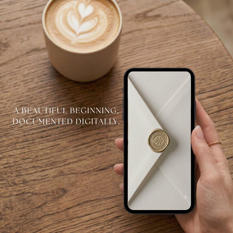 Puede incluir: Un tel&eacute;fono inteligente muestra la imagen de un sobre color crema sellado con un sello de cera dorado con un dise&ntilde;o de hoja. La pantalla muestra el texto A BEAUTIFUL BEGINNING, DOCUMENTED DIGITALLY. El tel&eacute;fono se sostiene cerca de una taza de caf&eacute;.