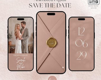 Save the Date Digital Video Invitation, Animated Envelope Reveal, Dusty Rose Canva Template with picture, Mobile Evite, Digital Invite
