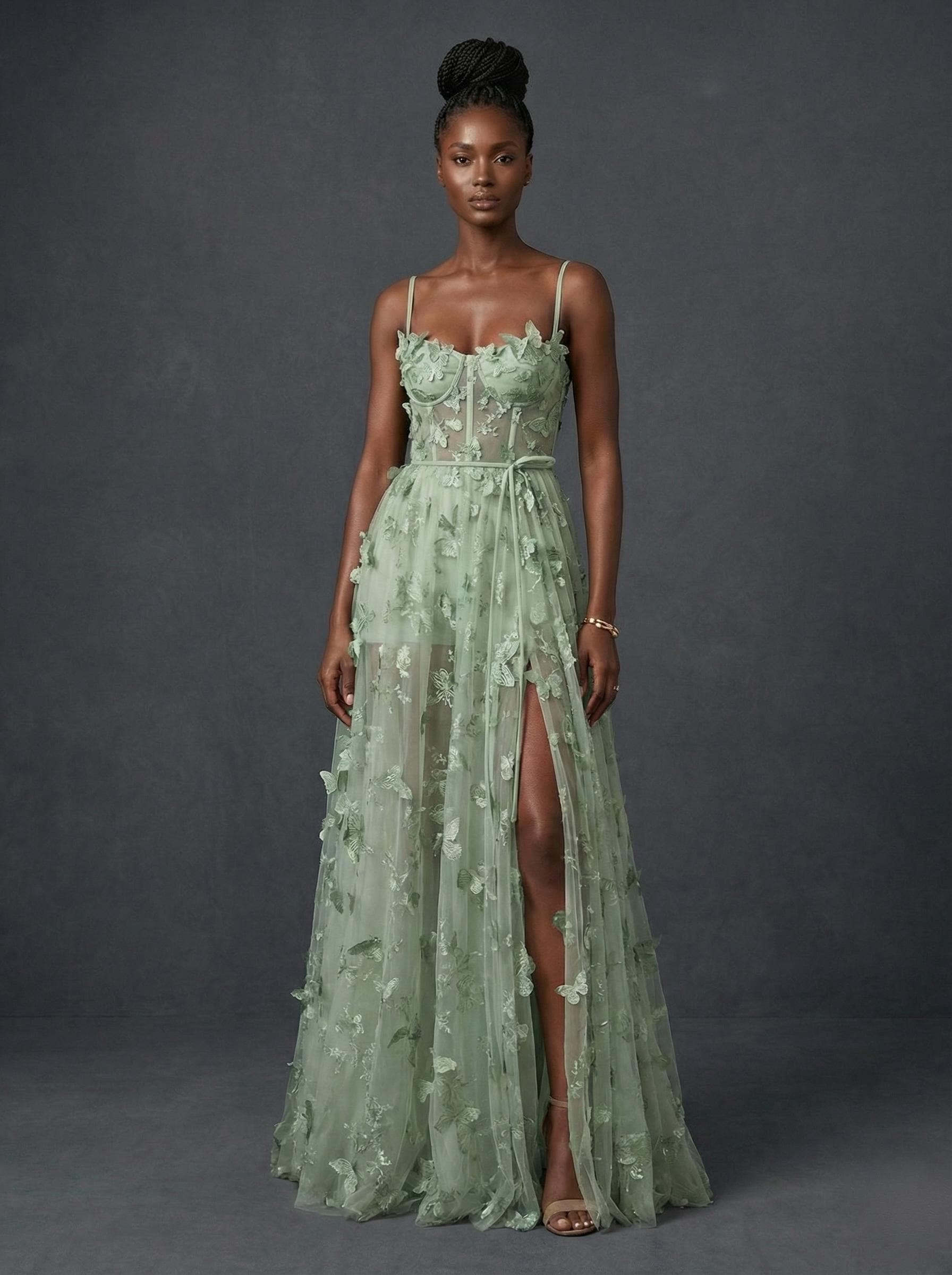 green emerald velvet dress Dusty Sage Green Bridesmaid Dresses Chic Bateau Neckline Ruffle Short Sleeves Sheath/Column Chiffon Bridesmaid Dress with Slit