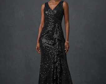 Schwarzes Pailletten-Abendkleid, ärmelloses Kleid mit V-Ausschnitt, Rüschen vorne High-Low-Saum