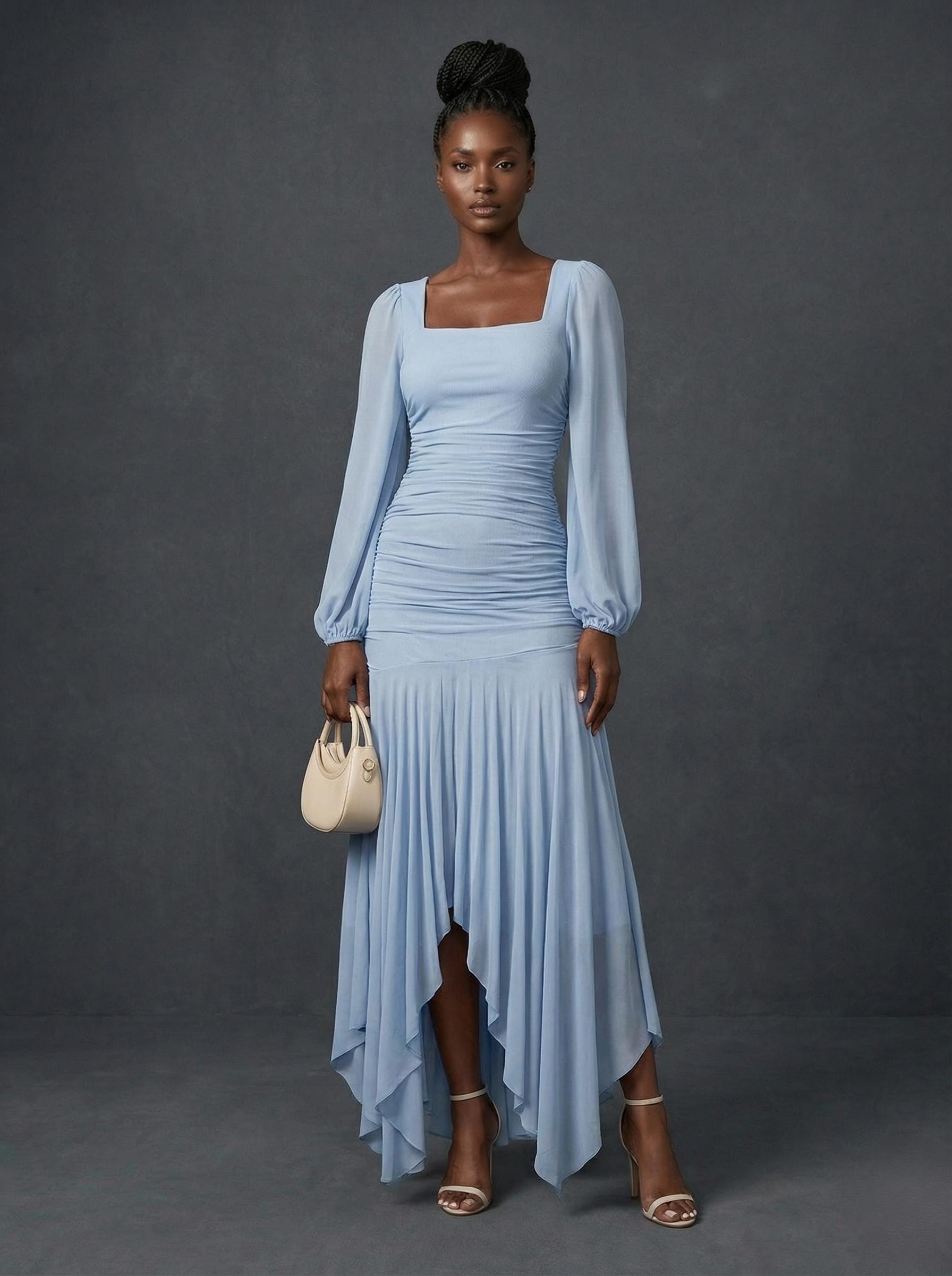 chinese dress ladies Light Blue Evening Dresses with Feathers Cape Luxury Formal Party Dress for Women Wedding Sky Blue / 10 main image 0