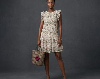 Floral Mini Dress, Ruffle Flutter Sleeve, Tiered Skirt, Botanical Print