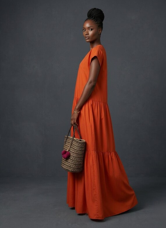 burnt orange tiered dress Burnt Orange Maxi Dress, Tiered Cotton Summer Gown, V-neck Short Sleeve  Resort Wear