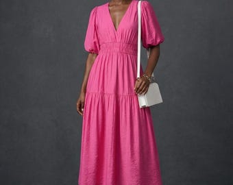 Pink V-Neck Midi Dress, Puff Sleeves, Smocked Waist, Tiered Skirt
