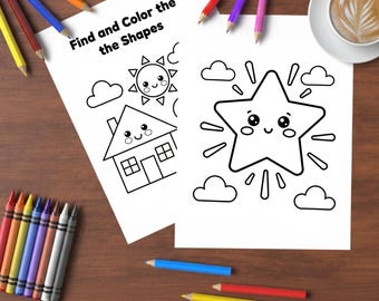 May include: Two coloring pages with the text "Find and Color the Shapes" and illustrations of a sun, house, and star. Colored pencils and crayons surround the pages on a wooden surface, with a cup of coffee in the background.