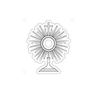 May include: A black and white line art sticker of a monstrance featuring a central circular host, a radiating sunburst pattern, and a cross at the top. The design is set against a white background with a die-cut border following the shape.