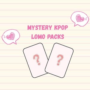 May include: Two light pink cards with question marks, labeled "Mystery KPOP Lomo Packs," are featured in this image. Pink speech bubbles with heart doodles are also present. The background has a lined paper texture.