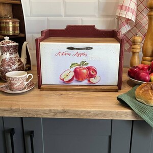 Panera de madera con manzanas, panera rústica de granja, almacenamiento de cocina hecho a mano, panera con decoupage, decoración de cocina de estilo rústico