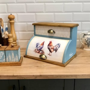 手作りの木製ブレッドボックス｜水彩画風の雄鶏の装飾、フレンチカントリースタイルのキッチン収納
