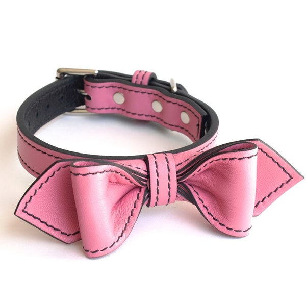 Wedding Pink Martini Bowtie Leather Dog Collar