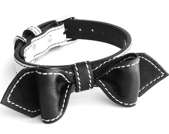 Black and White Oreeo Martini Bowtie Leather Dog Collar