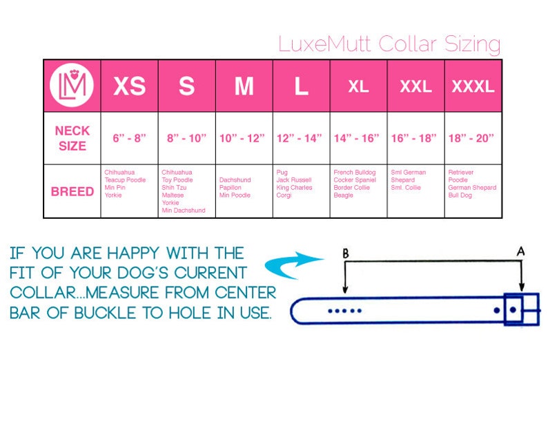 May include: A pink and white chart with the text "LuxeMutt Collar Sizing" at the top. The chart shows different collar sizes for dogs, with corresponding neck sizes in inches and suggested breeds. The chart also includes a diagram showing how to measure a dog's neck for a collar.
