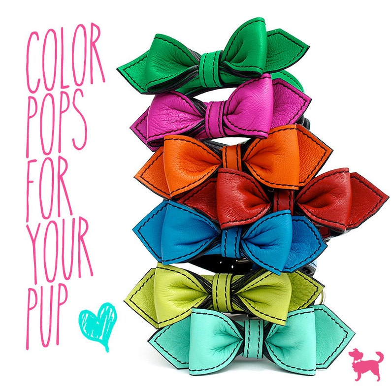 May include: A stack of seven colourful leather bow ties for dogs. The bow ties are arranged in a rainbow pattern, starting with green and ending with turquoise. The text "COLOR POPS FOR YOUR PUP" is visible on the left side of the image.