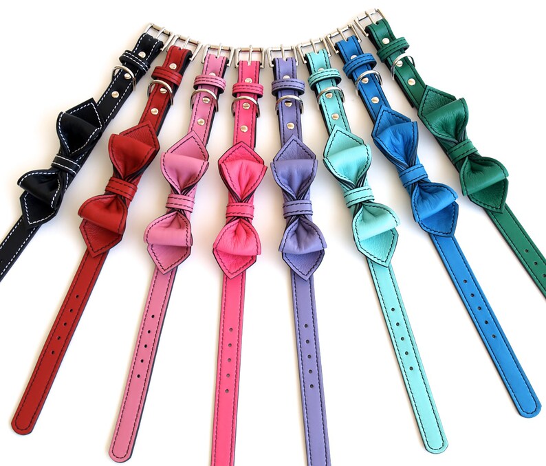 May include: A set of ten leather dog collars with bow ties in various colours, including black, red, pink, purple, blue, teal, and green.