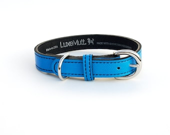 Minimalist Peacock Blue Leather Dog Collar