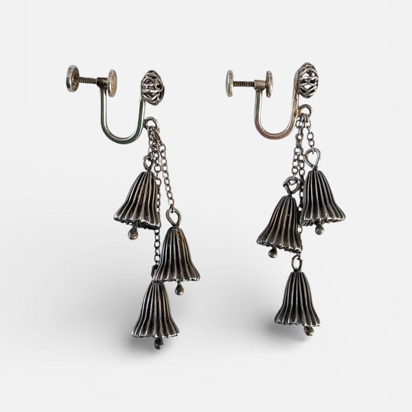 Pendientes colgantes con cascabeles danzantes, plata de ley, estilo vintage, cierre de rosca.