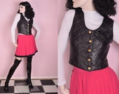 90s Black and Gold Quilted Leather Vest Small 1990s