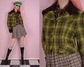 90s Green and Brown Plaid Jacket Small 1990s Faux fur Trim
