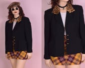 90s Leopard Print Collar Black Wool Blazer US 10 1990s Jacket