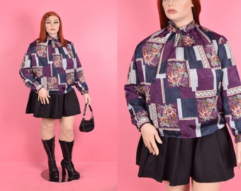 80s Multi Pattern Blouse/ US 18/ 1980s/ Long Sleeve