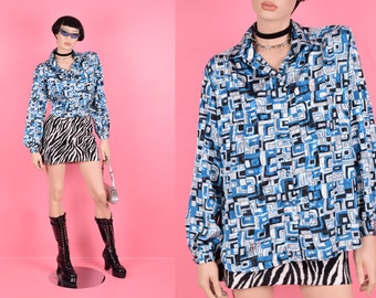 Vintage 80s Psychedelic Print Blouse/ Large/ 1980s/ Long Sleeve/ Button Down