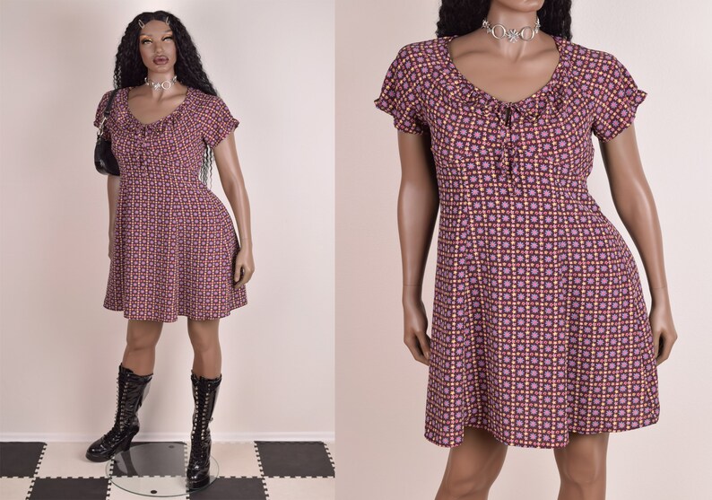 90s Floral Print Mini Dress Large 1990s Short Sleeve