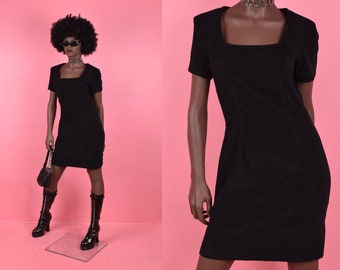 90s Black Faux Suede Dress/ US 6/ 1990s/ Short Sleeve