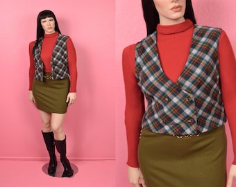Vintage 60s 70s Plaid Vest/ Large/ 1960s/ 1970s