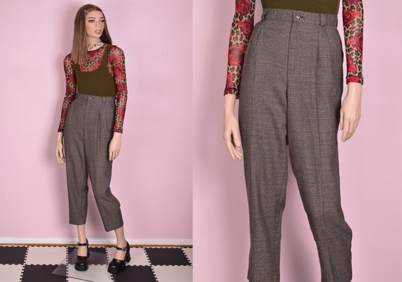 80s Multi Color Plaid High Waisted Trousers/ Medi… - image 1