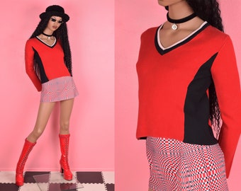 90s Y2K Color Block Vneck Sweater/ Small/ Long Sleeve