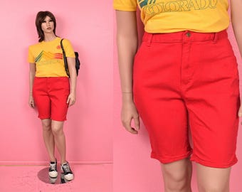 Pantaloncini di jeans elasticizzati rossi vintage anni '80/ Taglia L/ Anni '80/ Jeans/ Pantaloncini