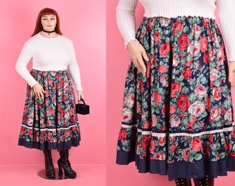 80s Floral Print Skirt/ XL-XXL/ 1980s