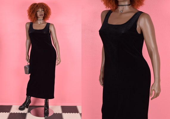 JUNKKYARD 90s Black Velvet Dress/ US 12/ 1990s/ Tank/ Sleeveless