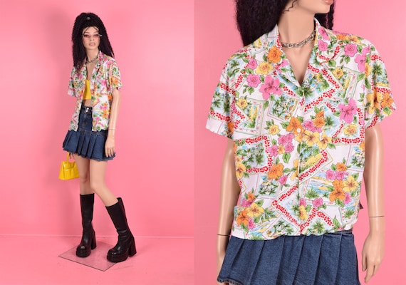 90s 00s Tropical Floral Print Shirt/ XL/ 1990s/ 2… - image 1