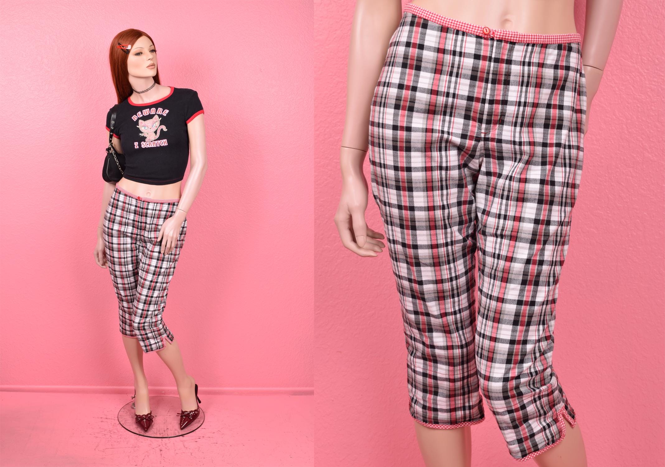Vintage 90s 00s Plaid Stretchy Mid-low Rise Capris/ US 9/ 1990s