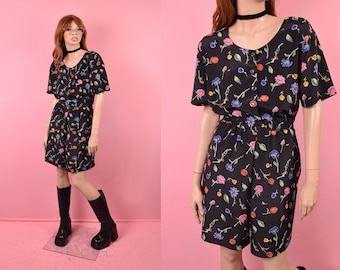 Vintage 90s Floral Print Romper/ Medium/ 1990s/ Short Sleeve