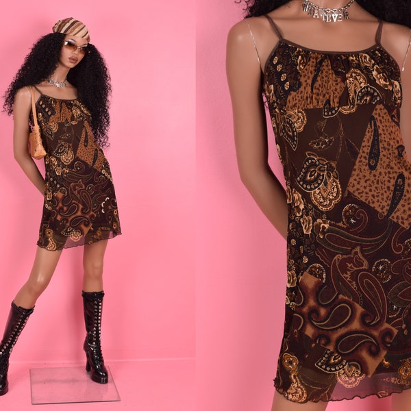 90s 00s Paisley and Floral Print Mesh Dress/ Small/ Tank/ Sleeveless/ 1990s/ 2000s