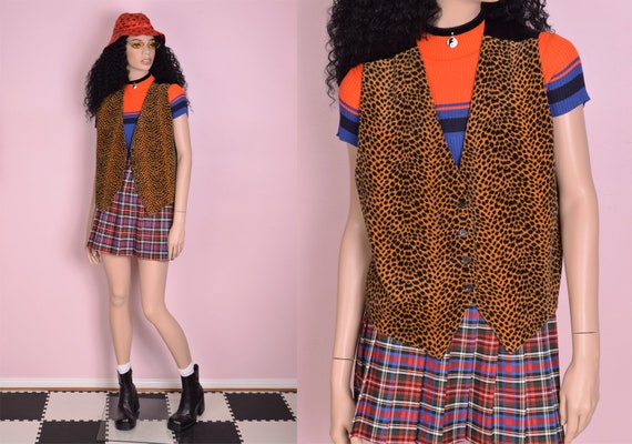 90s Animal Print Velvet Vest/ Large/ 1990s
