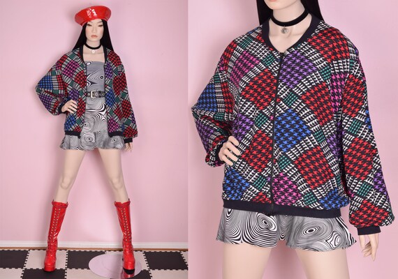 90s Houndstooth Bomber Jacket/ Large/ 1990s